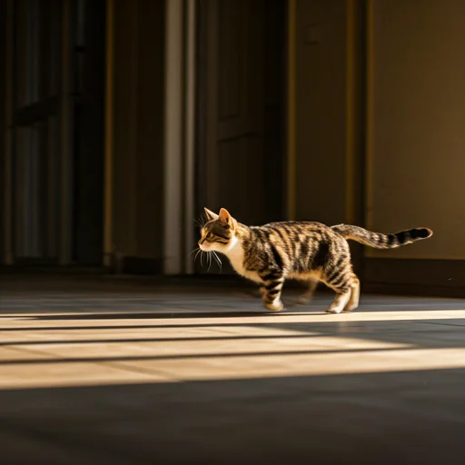 cat running at high speed through a sunlit corridor